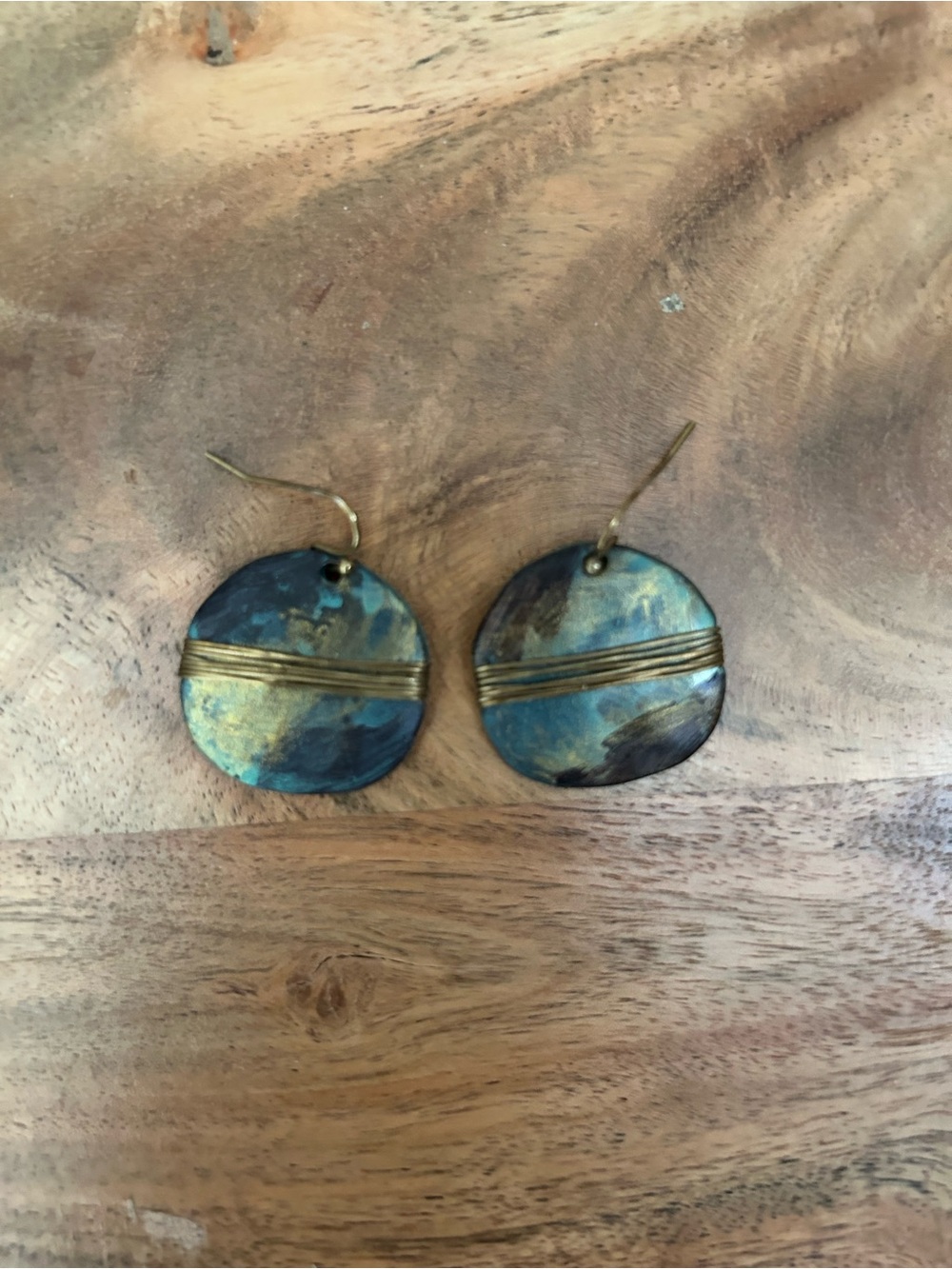 Handmade Beautiful Blue-Green Patina Brass Disc Earrings